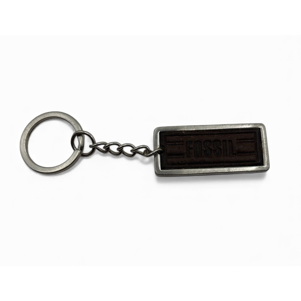 Fossil Keychain keyring unisex metal brown leather silver charm
